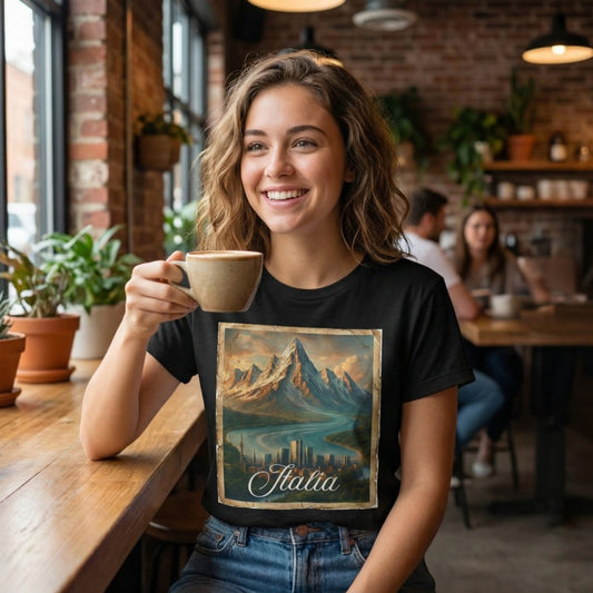 Woman holding a mug in a cozy café wearing a black t-shirt with a mountain and cityscape design.