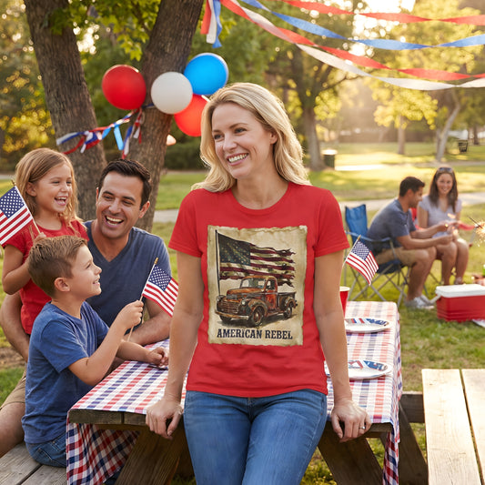 Family at a picnic table with American flags and balloons in a park setting, woman is wearing a vintage style t-shirt, with an American flag and vintage car, saying American rebel. 