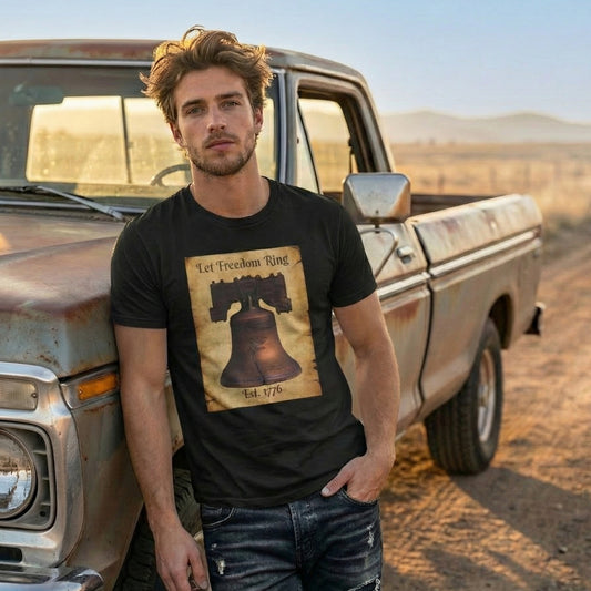 "Handsome young man leaning on a vintage rusty pickup truck wearing a black t-shirt with a vintage 'Let Freedom Ring' Liberty Bell and 1776 graphic by Everyday Rebel Co."