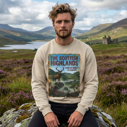 The Scottish Highlands Vintage Travel Sweatshirt | Land of Rebels & Legends Graphic Crewneck | Moody Stag & Castle Art Pullover