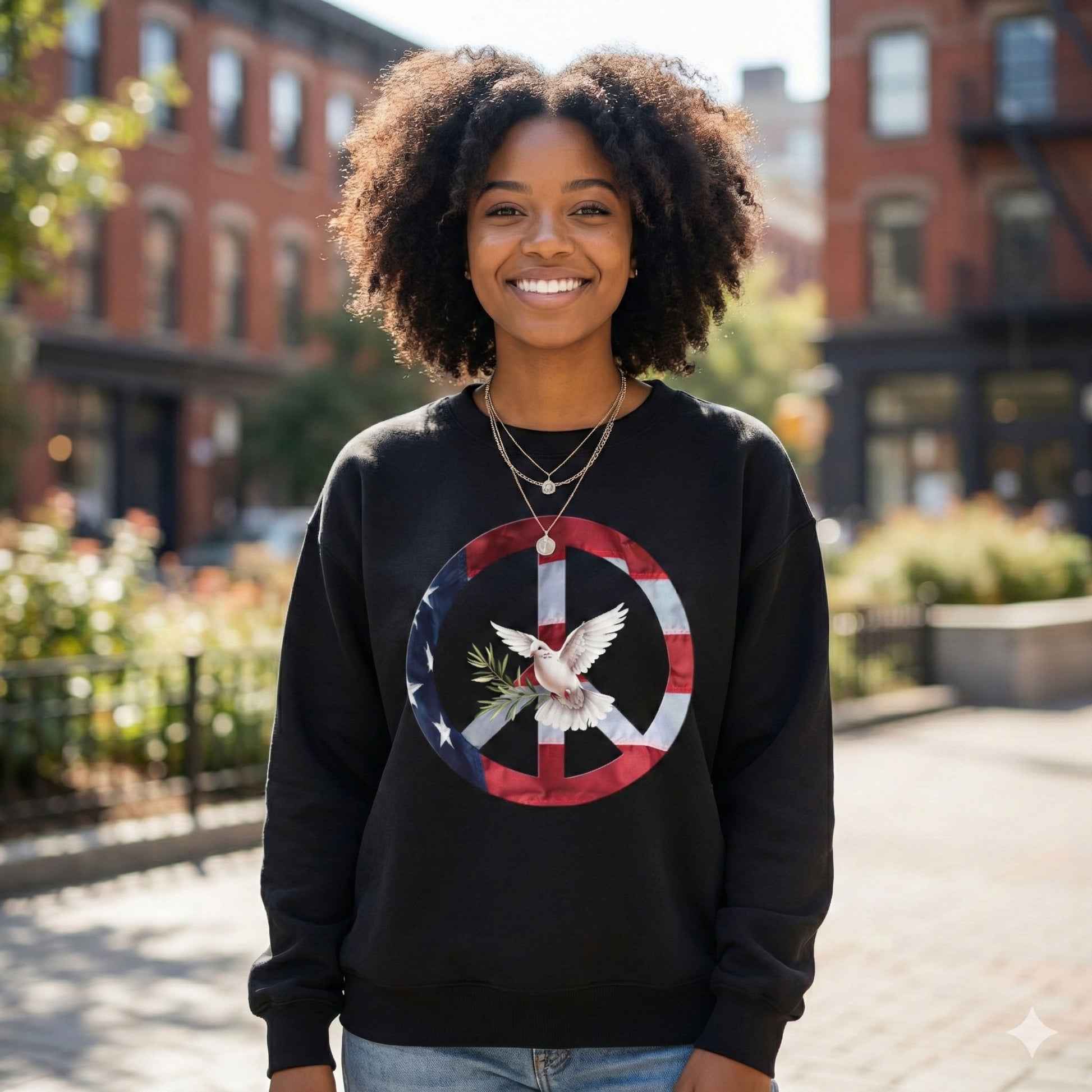 Woman wearing a black sweatshirt with a peace symbol design, standing outdoors.